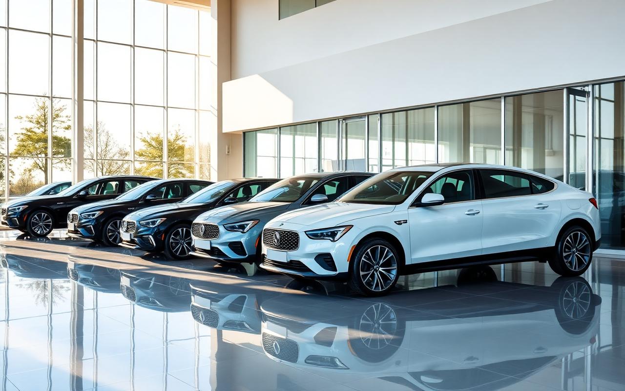 Bright vehicle showroom with a row of clean cars