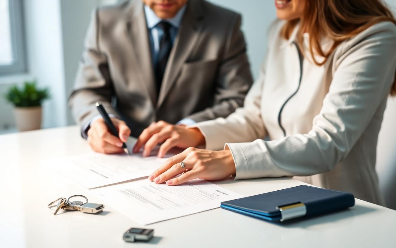 Insurance adviser and clients signing paperwork at a desk