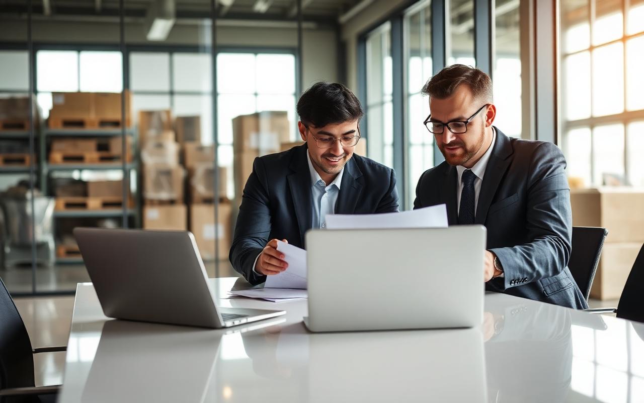 Two professionals reviewing supplier paperwork in a meeting room