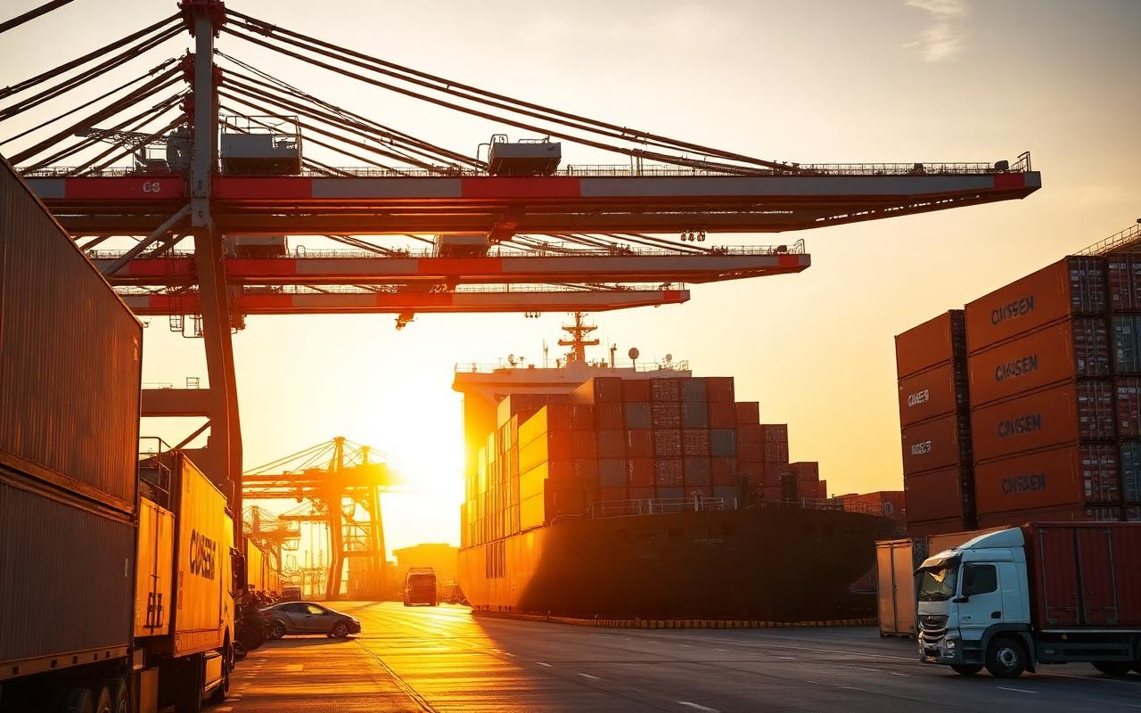 Container port at golden hour with gantry cranes loading a vessel