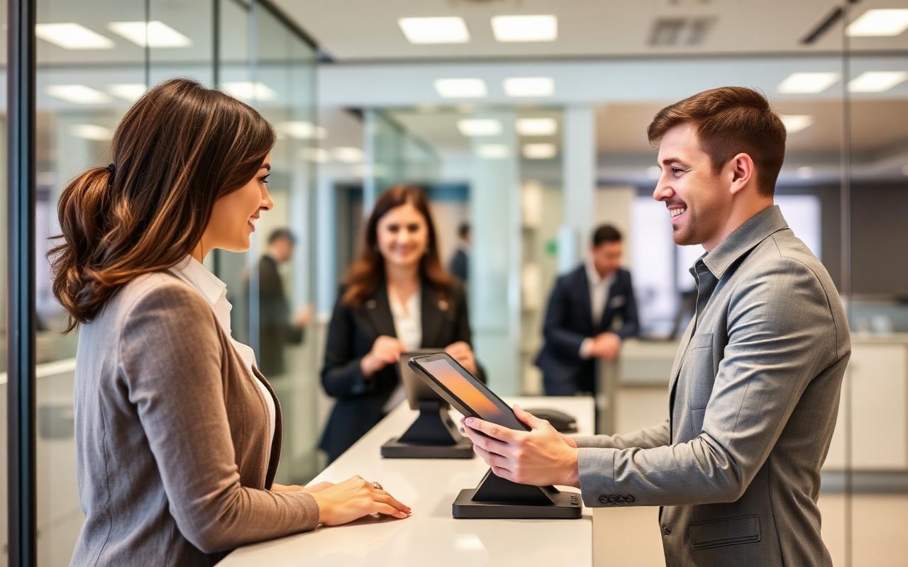 Agent assisting a customer at a service counter