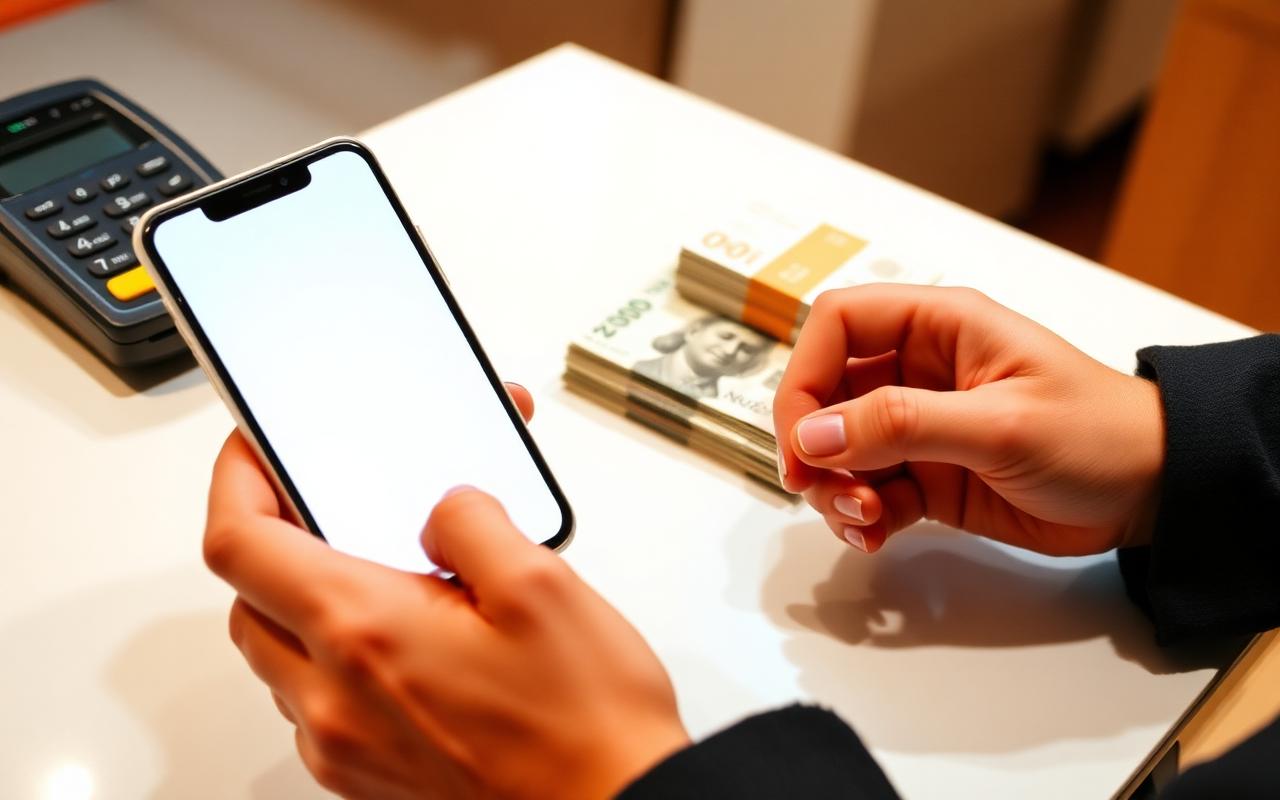 Hands confirming a money transfer on a phone beside banknotes